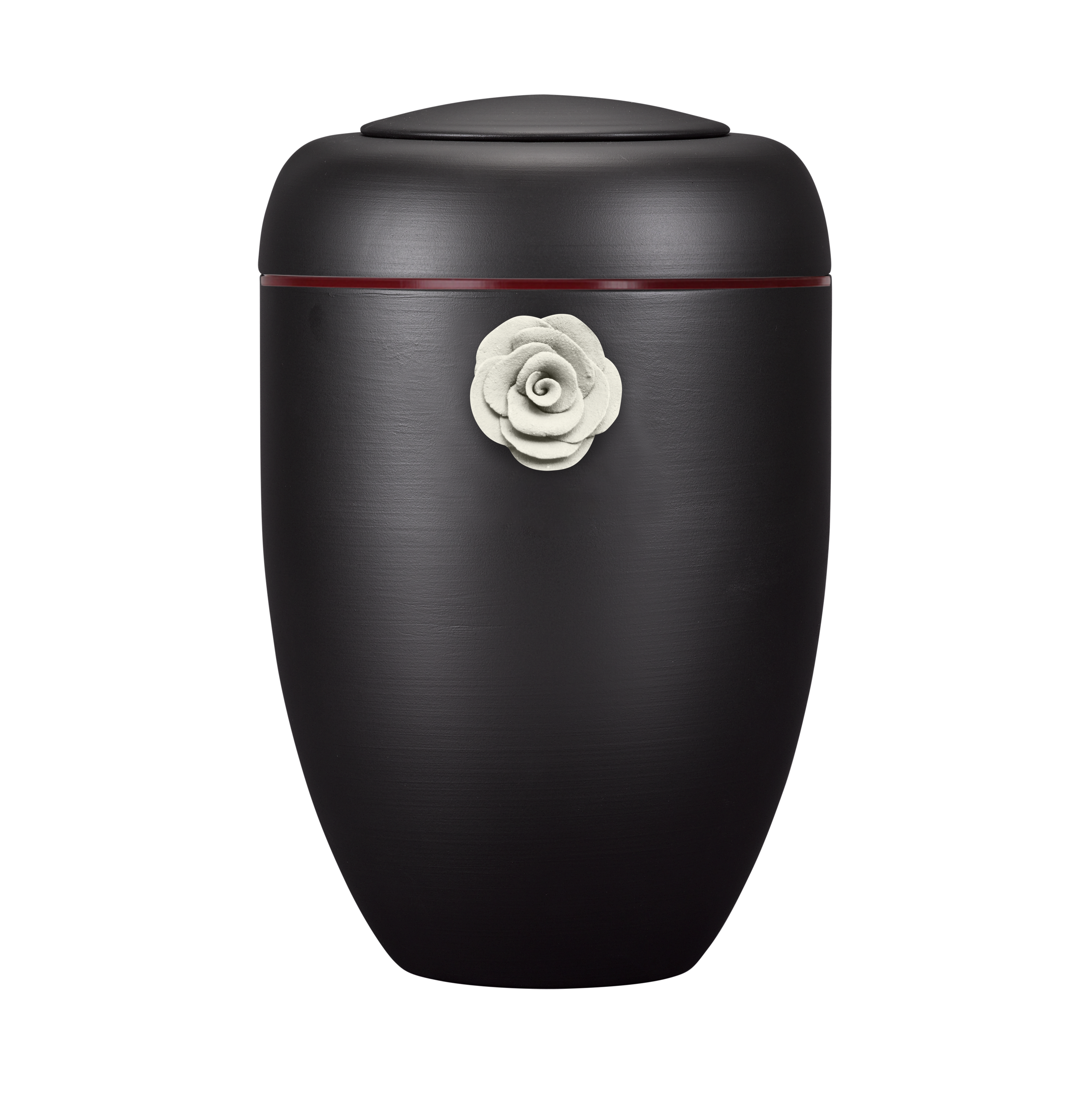 Schwarze Symbol-Urne mit weißer Tonrose und roter Plexiglasscheibe